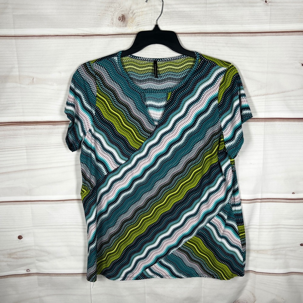 Bleecker & McDougal Short Sleeve Top Womens 1X Multicolor Chevron V-Neck Stretch